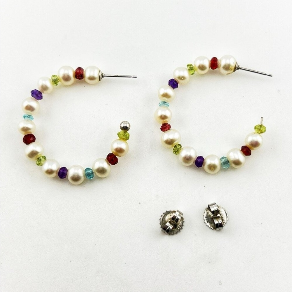 Honora “As Is” White Pearl & Multi-Gemstone 1-1/4” Hoop Earrings - Picture 2 of 14